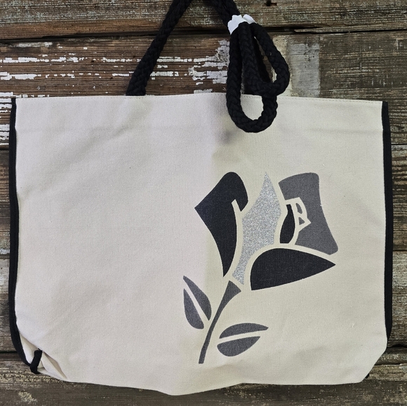 Lancome Elegant Canvas Tote Bag with Rose Design, NEW - Picture 1 of 3